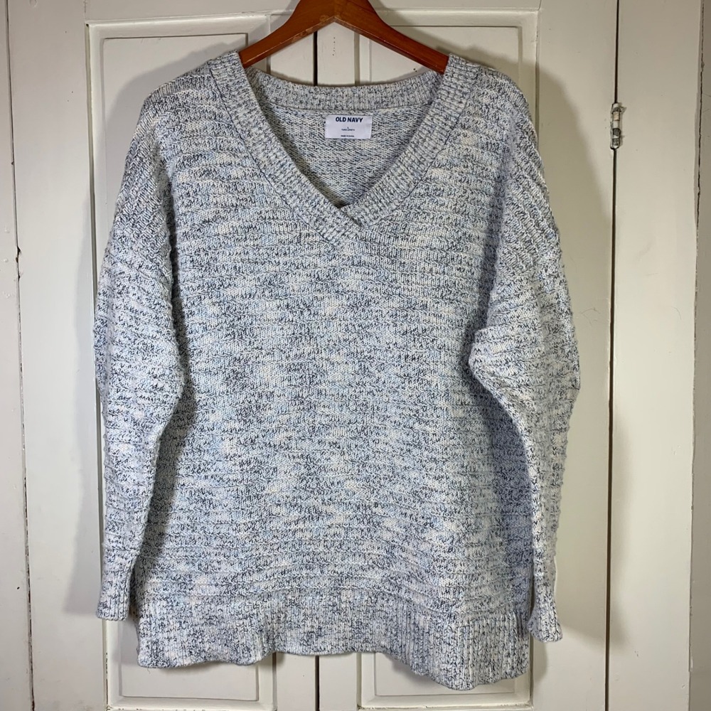 Old Navy Womens V-Neck Tunic Sweater Blue White Space Dye Cotton Knit L Casual